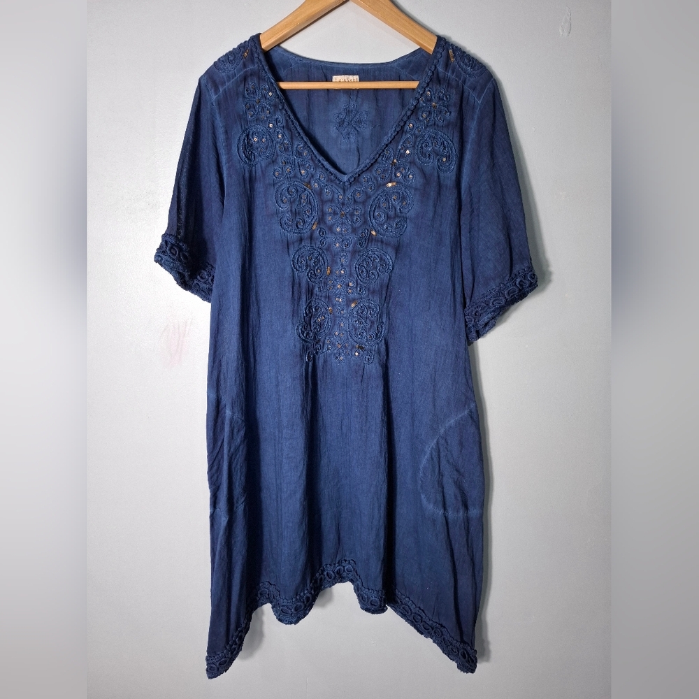 Lula Soul Blue Embroidered Cottton Boho Peasent Dress Sequin Pockets Resort Sz L